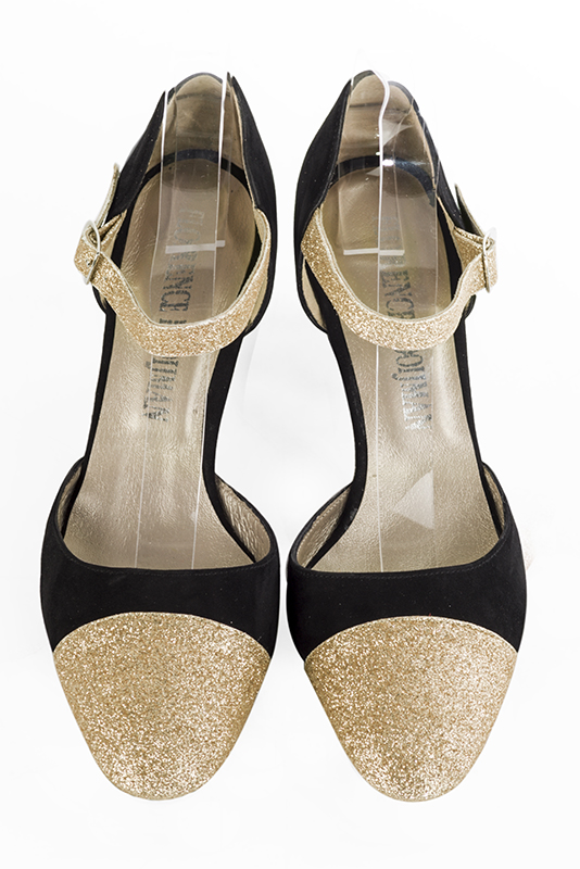 Gold and matt black women's open side shoes, with an instep strap. Round toe. Medium comma heels. Top view - Florence KOOIJMAN